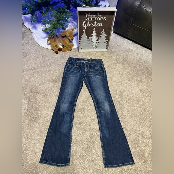 Women's ZCO Dark Wash Saddle Stitch Boot Cut Low Rise Jeans - Picture 2 of 10